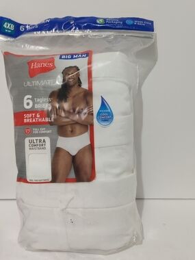 NEW HANES ULTIMATE BIG MAN TAG LESS FULL CUT BRIEFS MEN'S 4XB 6 PACK *NWT*